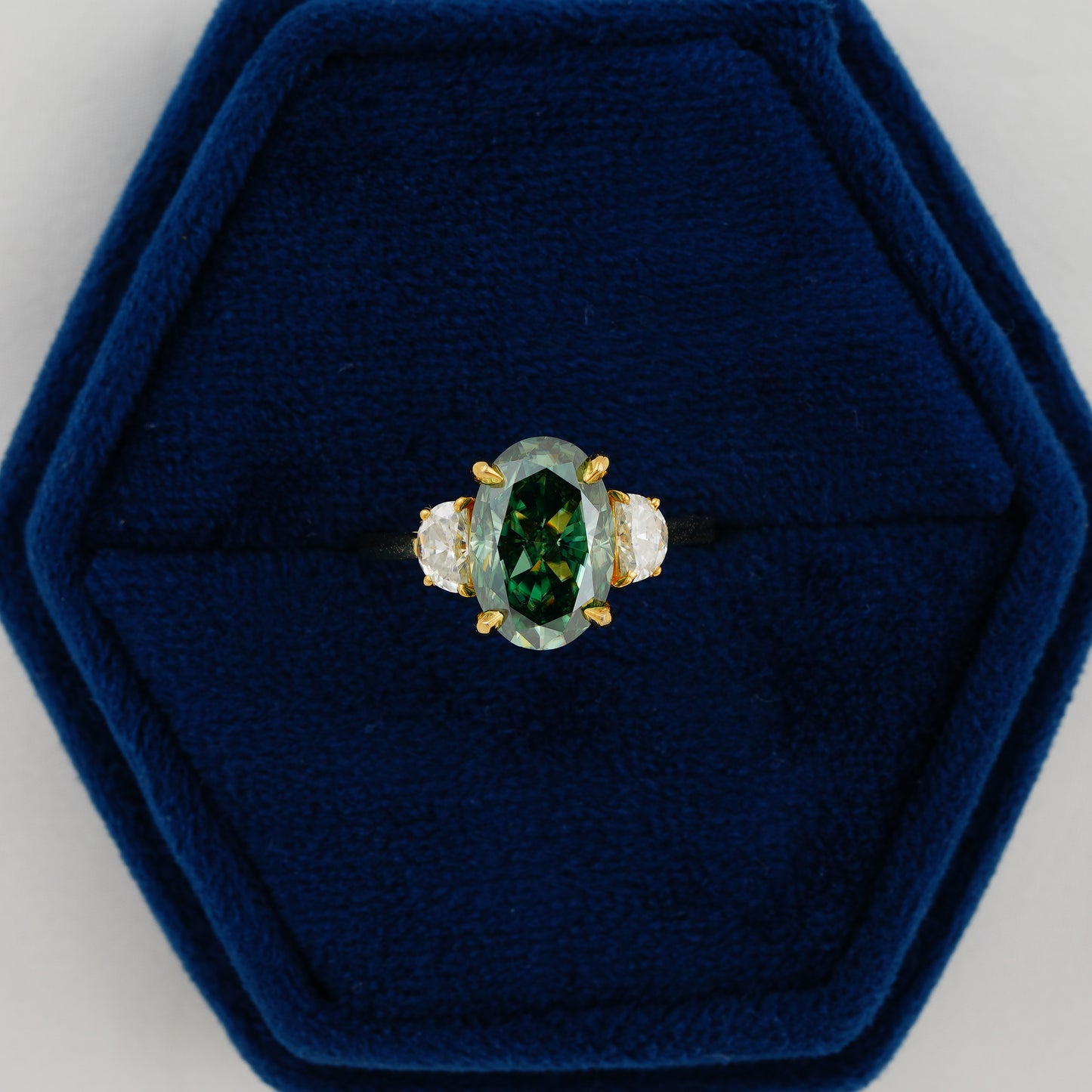 4.54 CT Dark Green Oval & Half-Moon Diamond Ring – The Heart of Nature