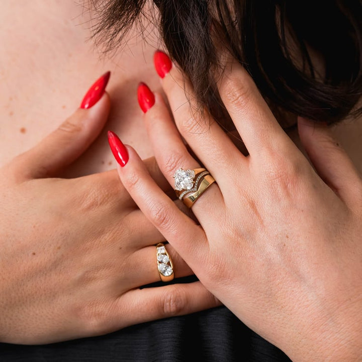 Oval Lab Diamond Three Stone Ring with Trapezoid Accents