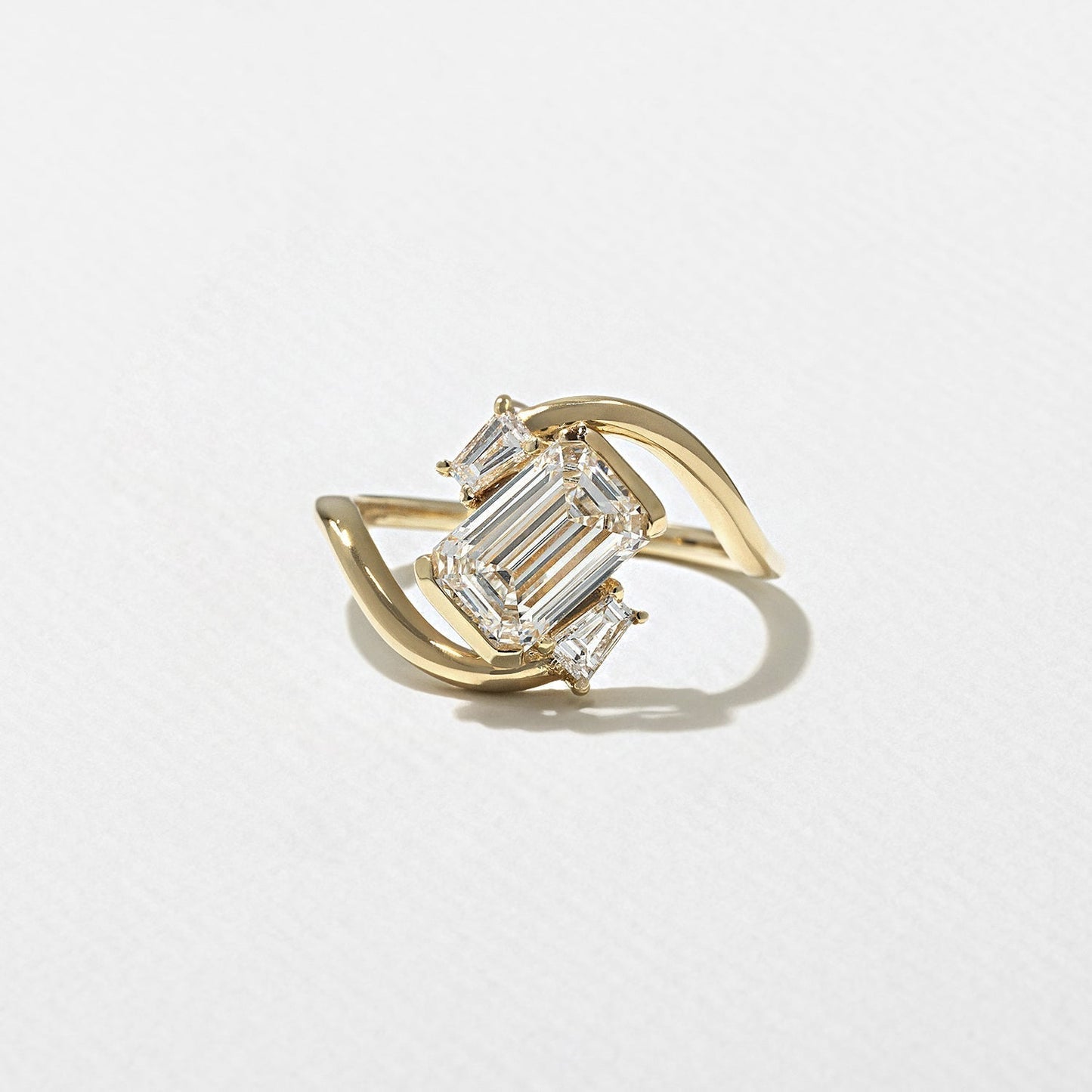 Emerald Cut Lab Grown Diamond Bypass Engagement Ring with Baguette Accent Stones