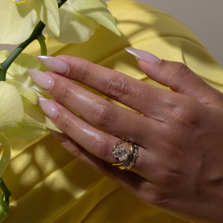 Emerald Cut Lab Grown Diamond Bypass Engagement Ring with Baguette Accent Stones