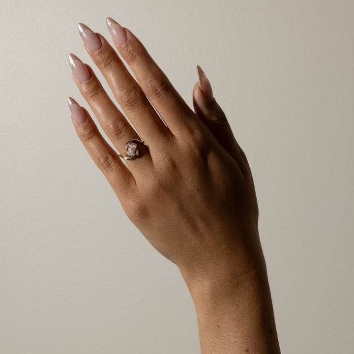 Emerald Cut Lab Grown Diamond Bypass Engagement Ring with Baguette Accent Stones