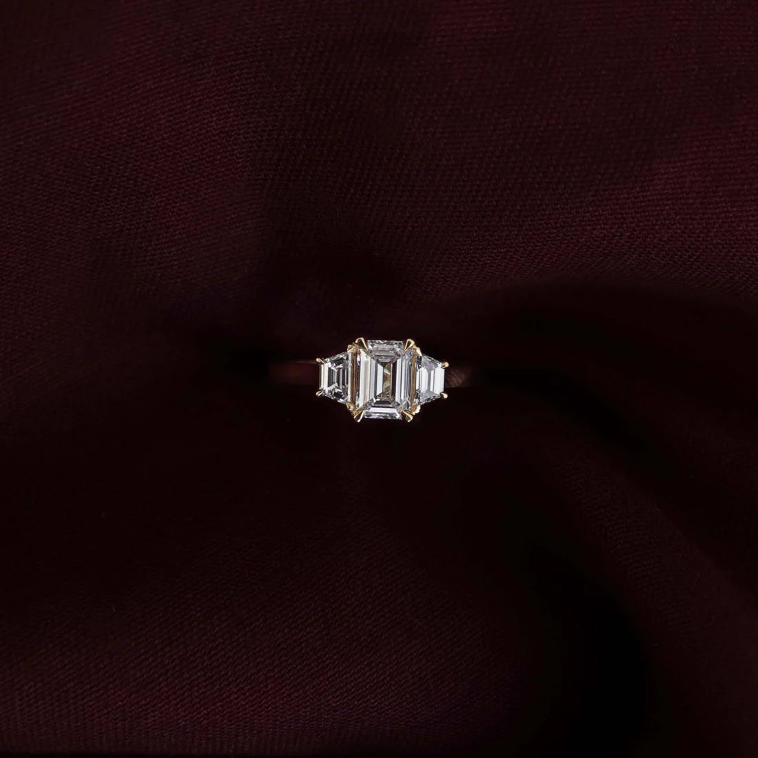 Emerald Cut Lab-Grown Diamond Three Stone Engagement Ring with Step Cut Accents
