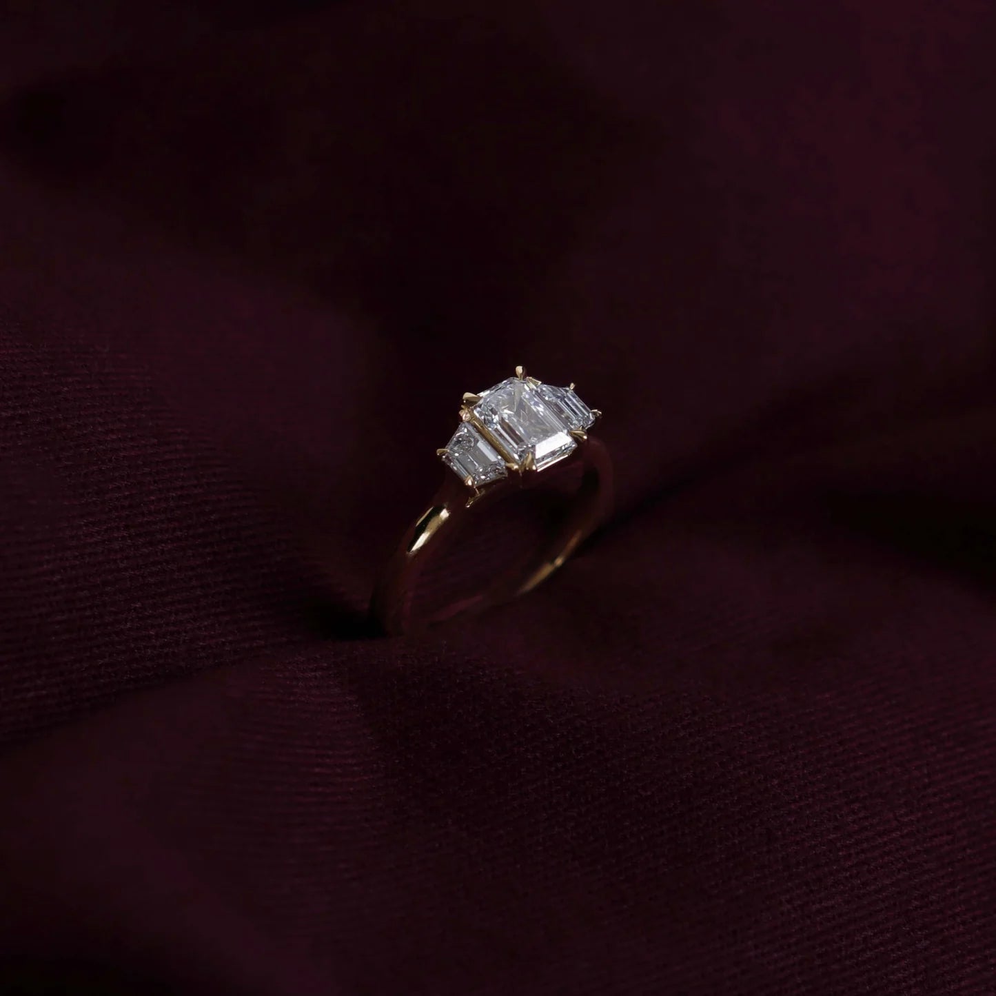 Emerald Cut Lab-Grown Diamond Three Stone Engagement Ring with Step Cut Accents