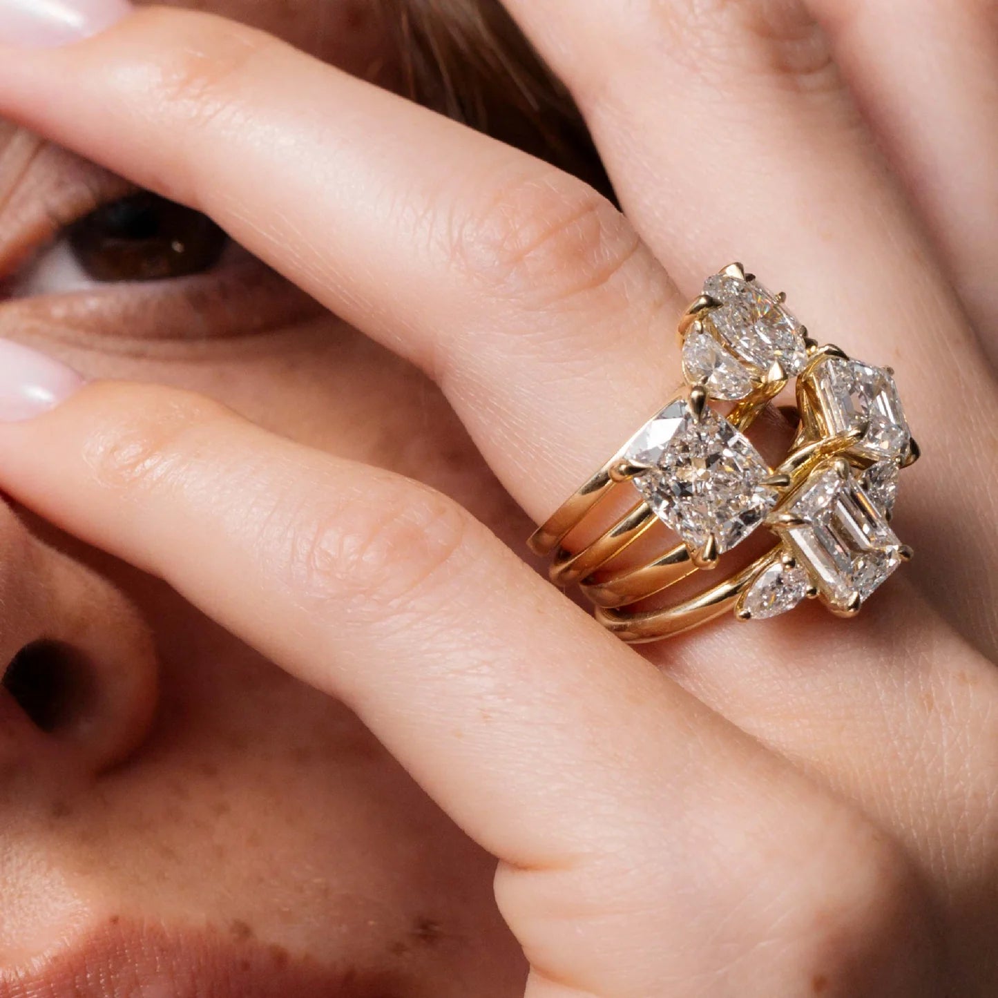 Emerald Cut Lab-Grown Diamond Three Stone Engagement Ring with Pear Accents