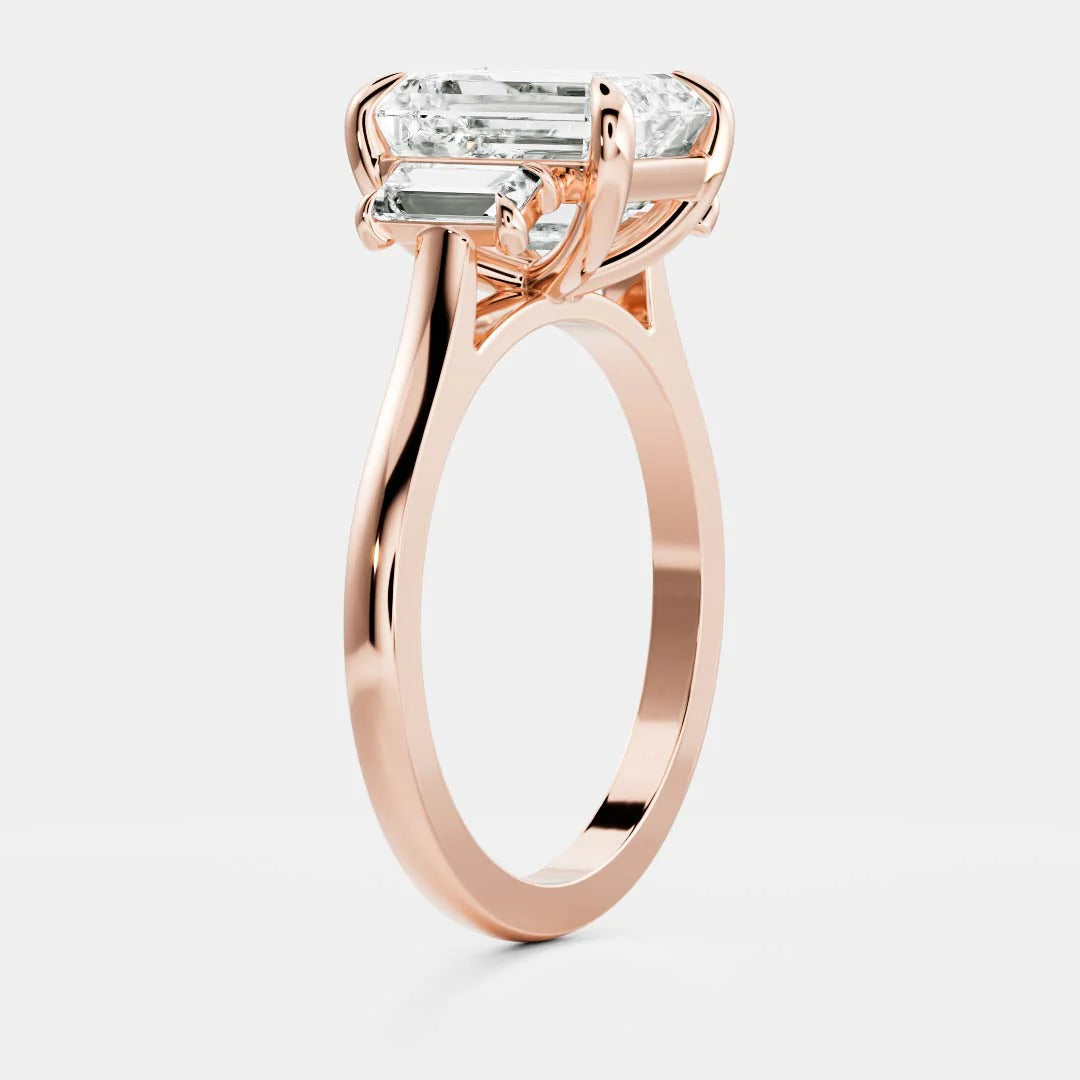 Emerald Cut Lab-Grown Diamond Three Stone Ring with Baguette Side Stones