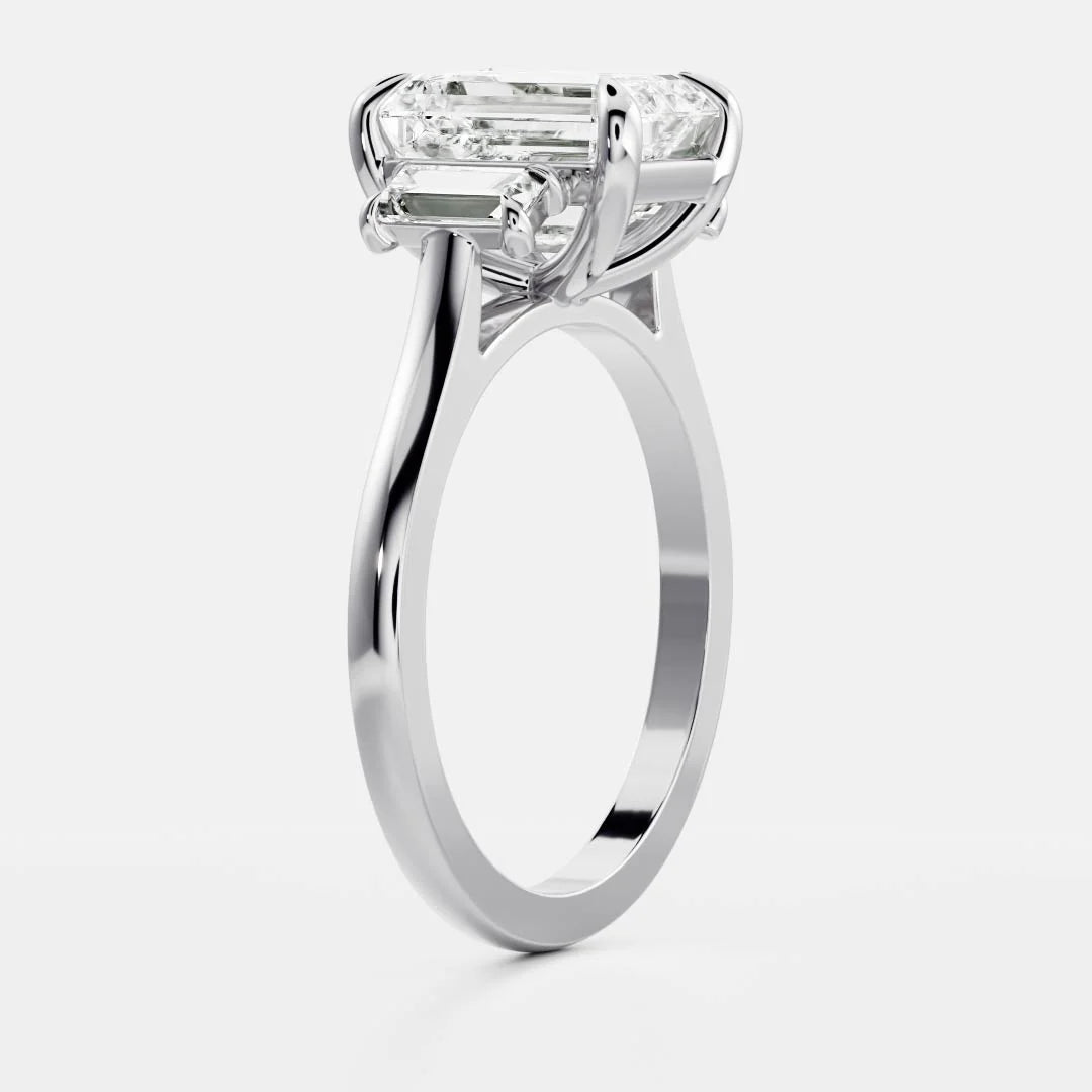 Emerald Cut Lab-Grown Diamond Three Stone Ring with Baguette Side Stones