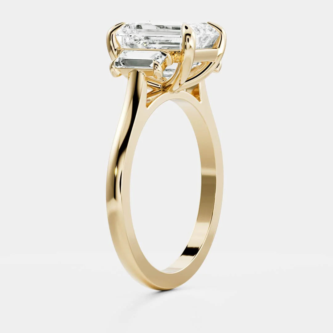 Emerald Cut Lab-Grown Diamond Three Stone Ring with Baguette Side Stones
