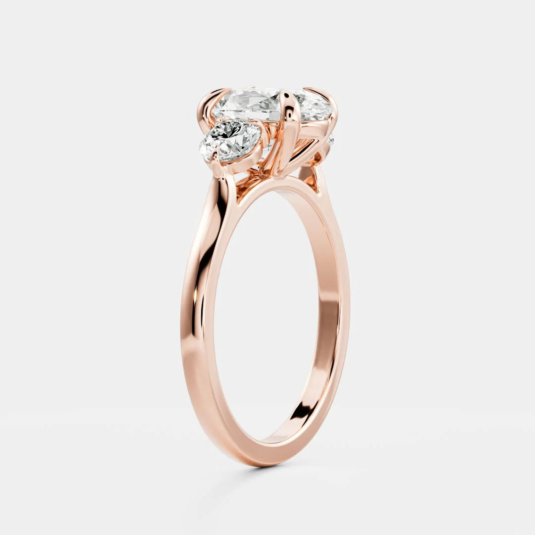 Oval & Round Lab-Grown Diamond Three Stone Engagement Ring with Plain Band