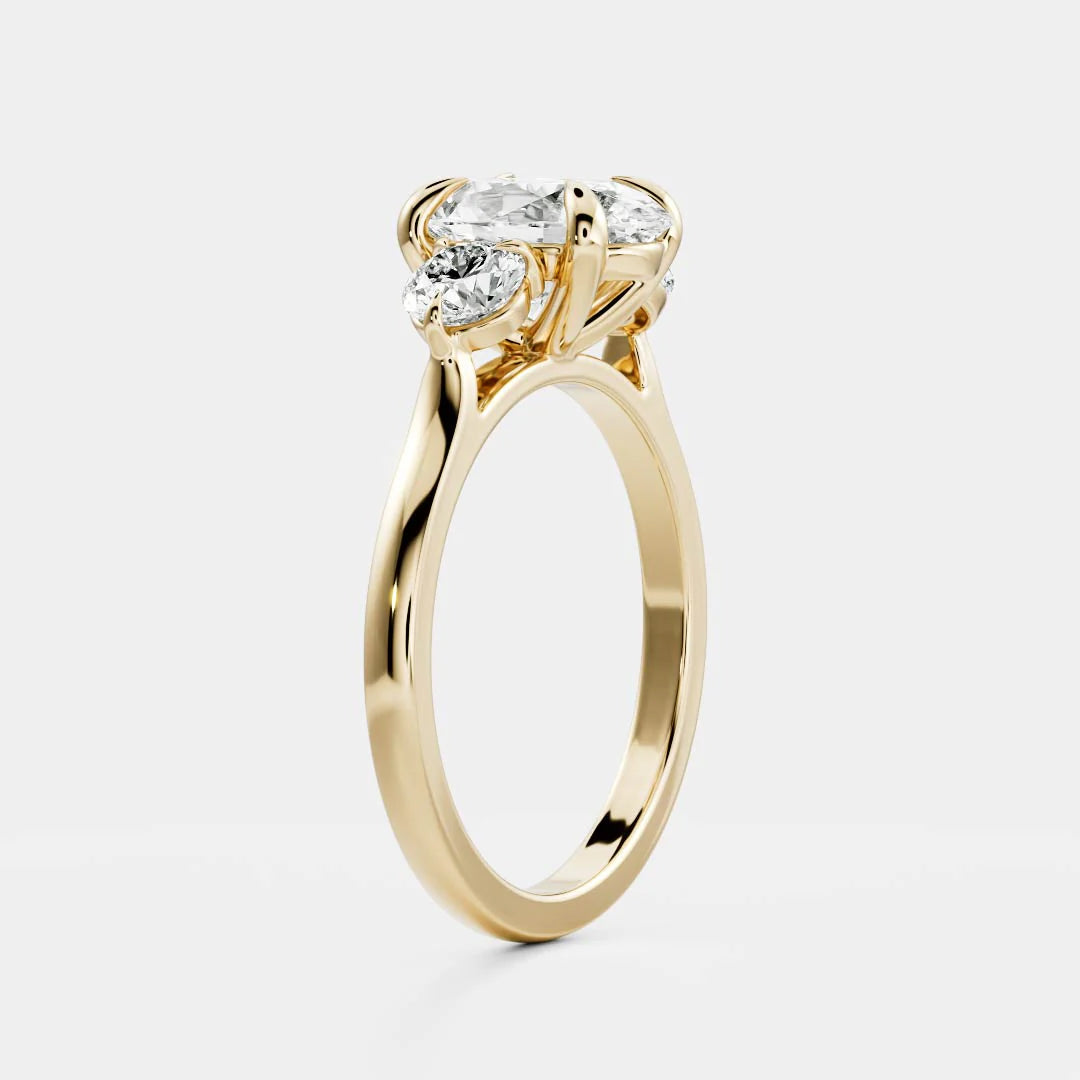 Oval & Round Lab-Grown Diamond Three Stone Engagement Ring with Plain Band