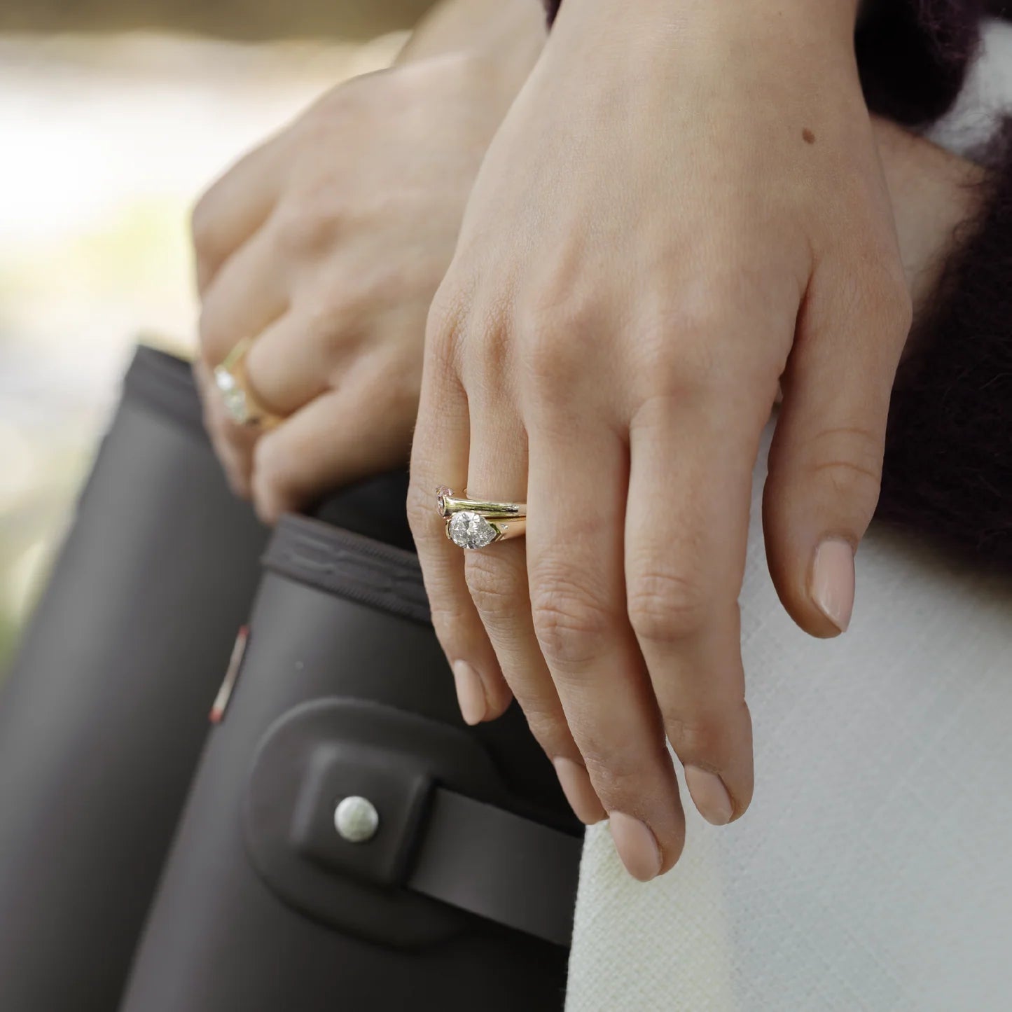 East-West Pear Cut Lab-Grown Diamond Bar-Set Engagement Ring with Dome Band