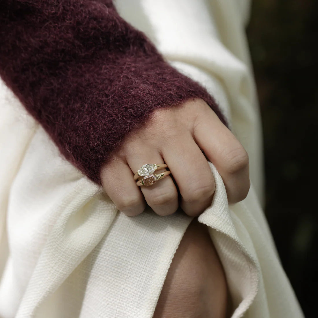 East-West Oval Cut Lab-Grown Diamond Bar-Set Engagement Ring with Dome Band