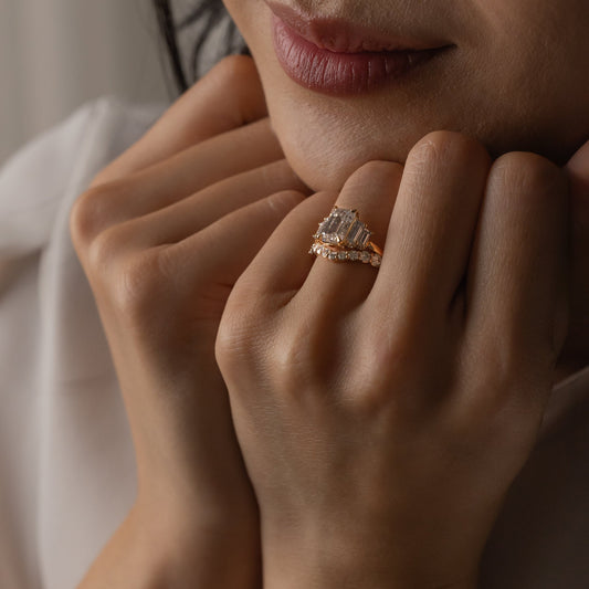 Five Stone Emerald Lab Diamond Graduated Gold Ring