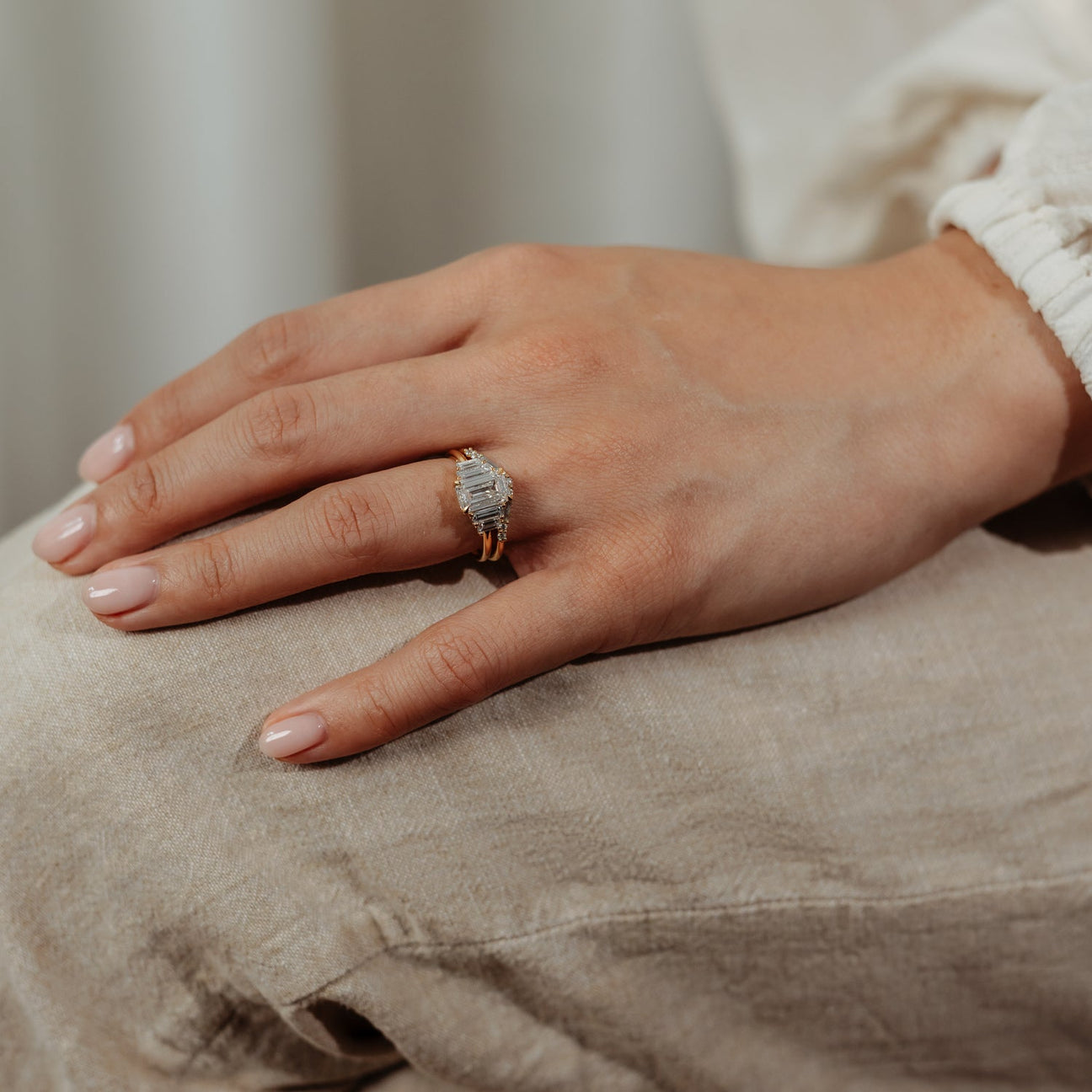 Five Stone Emerald Lab Diamond Graduated Gold Ring