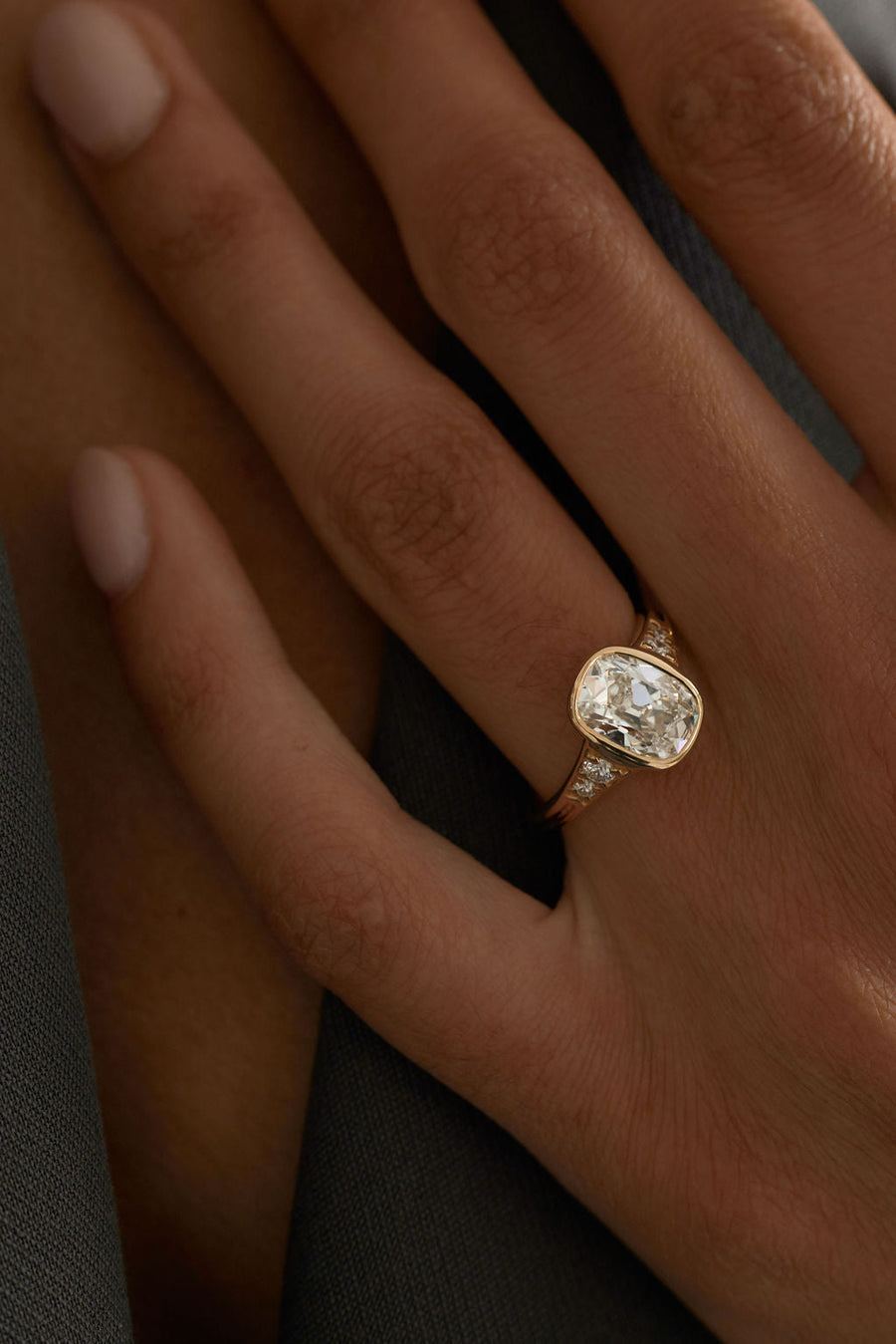 Cushion Lab-Grown Diamond Bezel Vintage Shoulder Engagement Ring
