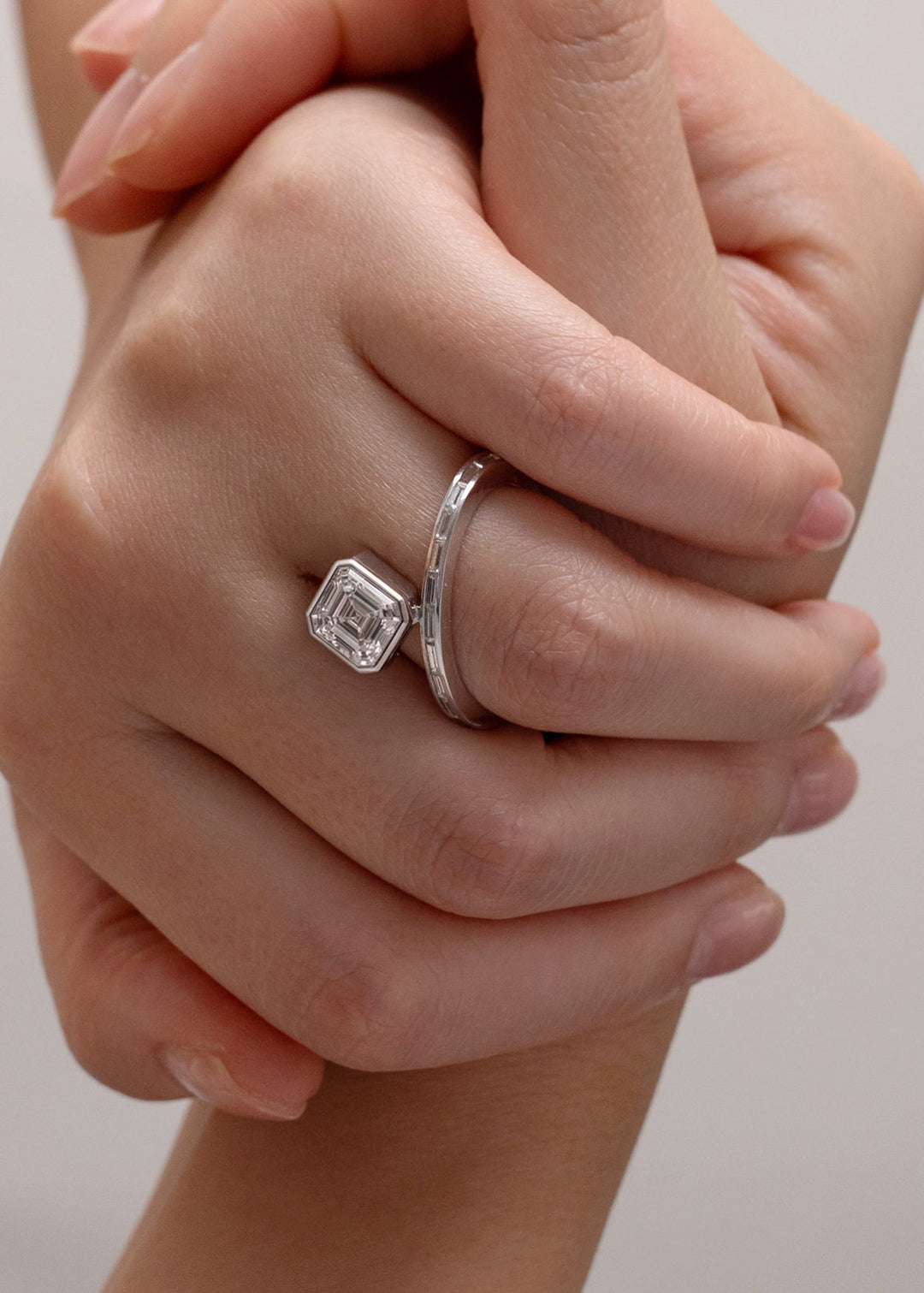 Asscher Cut Lab Grown Diamond Bezel Spiral Coil Ring with Baguette Channel Band