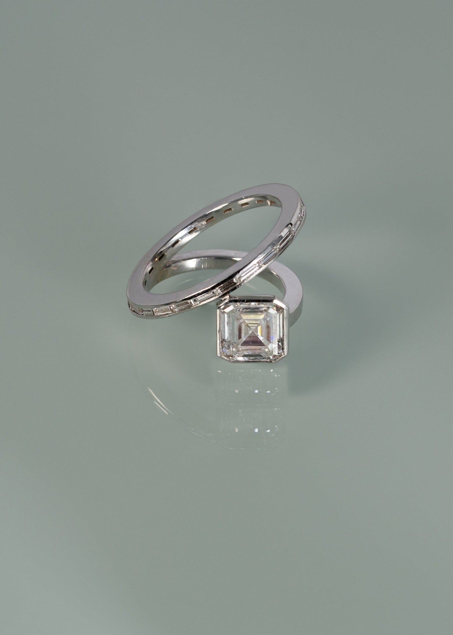 Asscher Cut Lab Grown Diamond Bezel Spiral Coil Ring with Baguette Channel Band