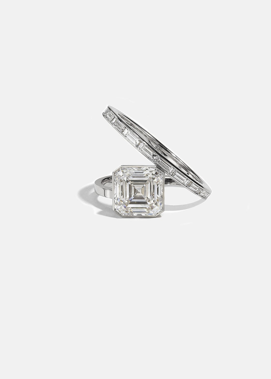 Asscher Cut Lab Grown Diamond Bezel Spiral Coil Ring with Baguette Channel Band