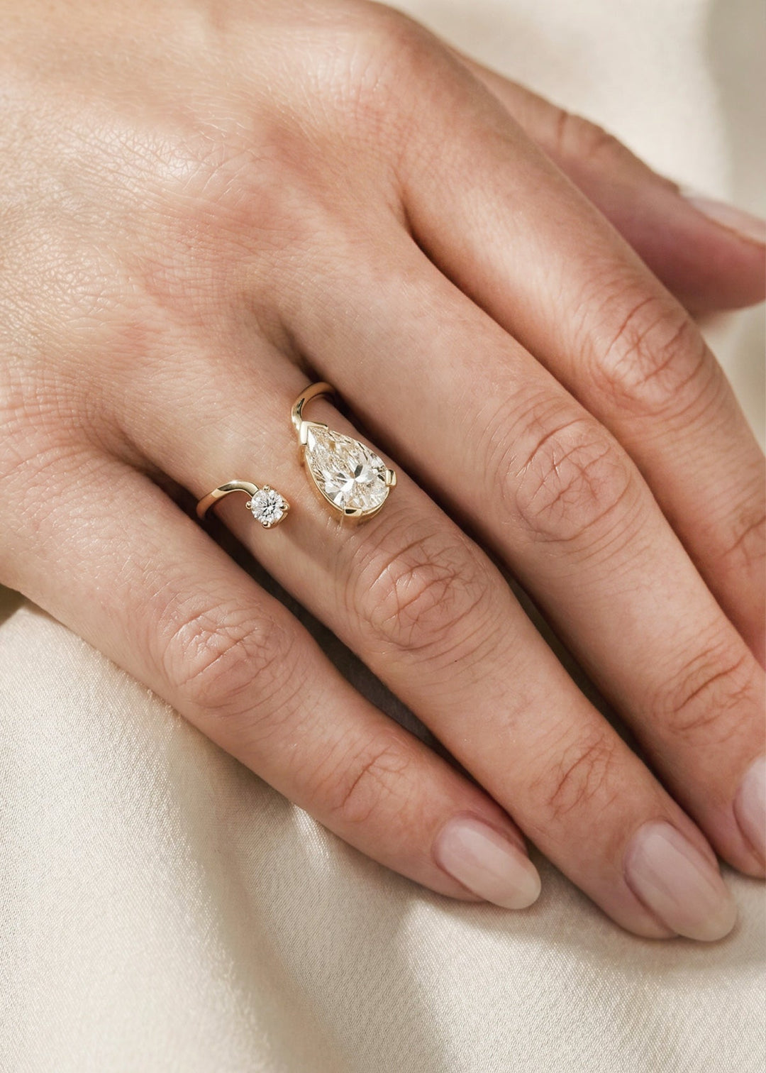 Pear Lab Grown Diamond Open Cuff Drop Ring with Round Accent Stone