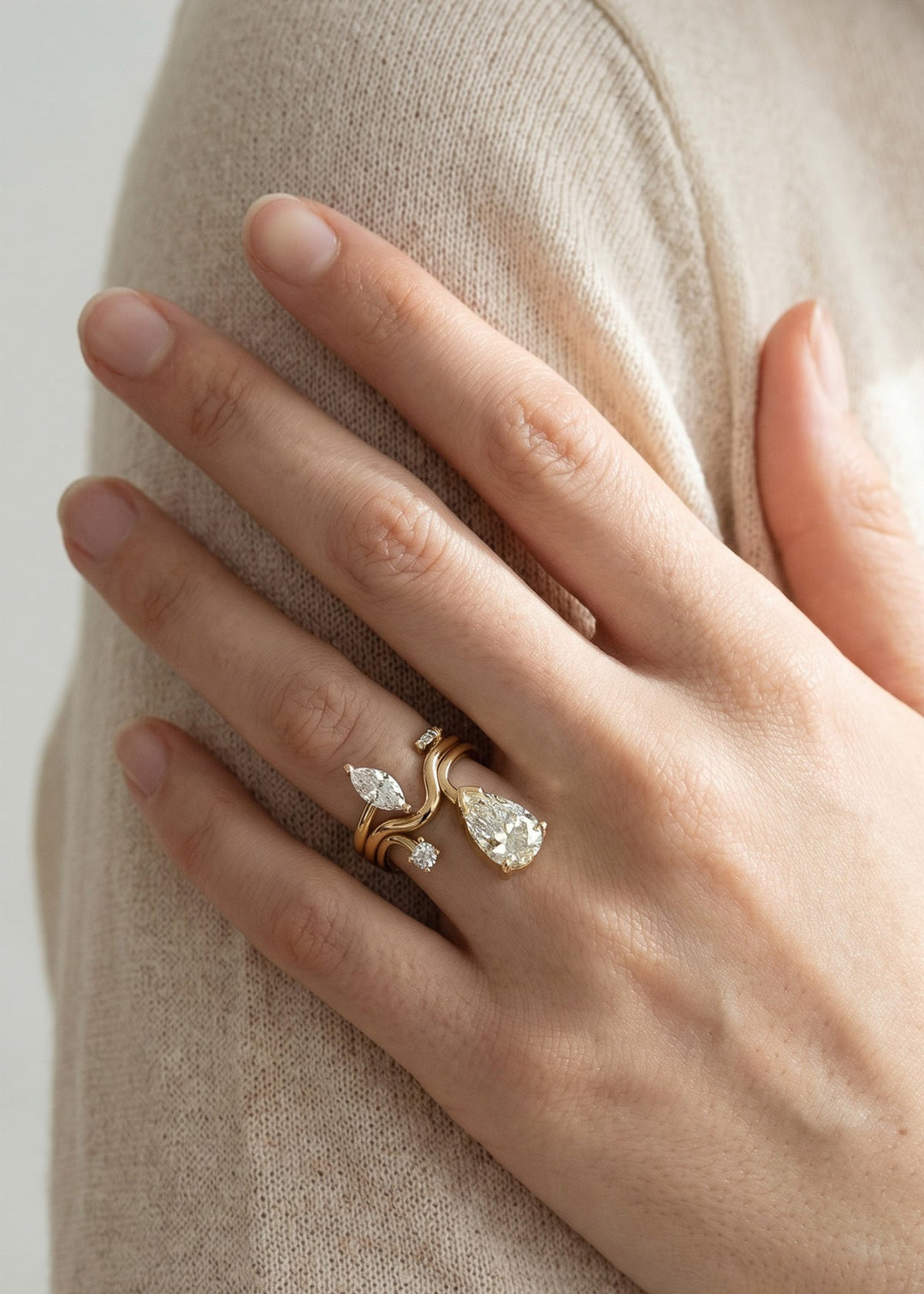 Pear Lab Grown Diamond Open Cuff Drop Ring with Round Accent Stone