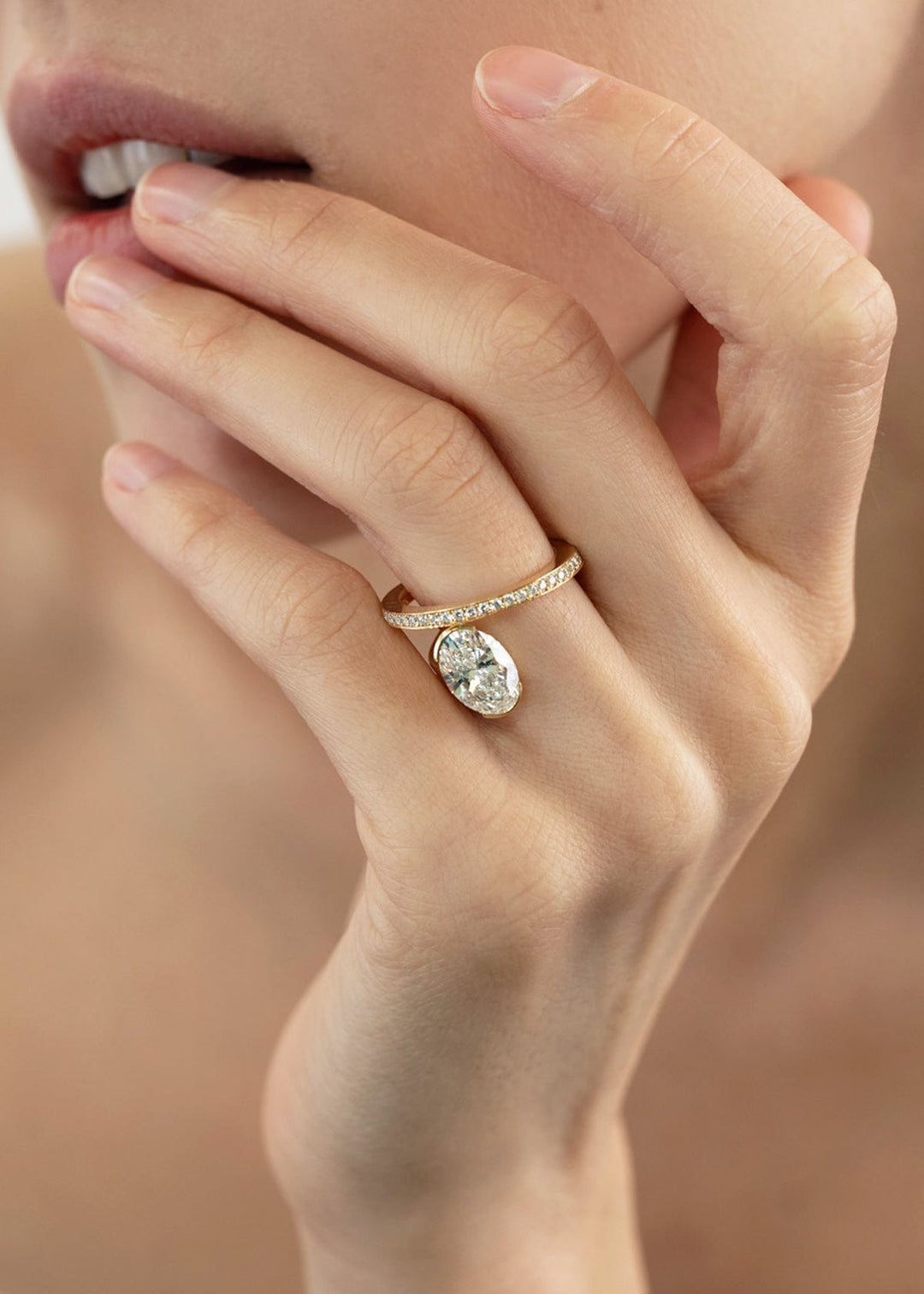 Oval Lab Grown Diamond Bezel Spiral Coil Ring with Micro-Pavé Band
