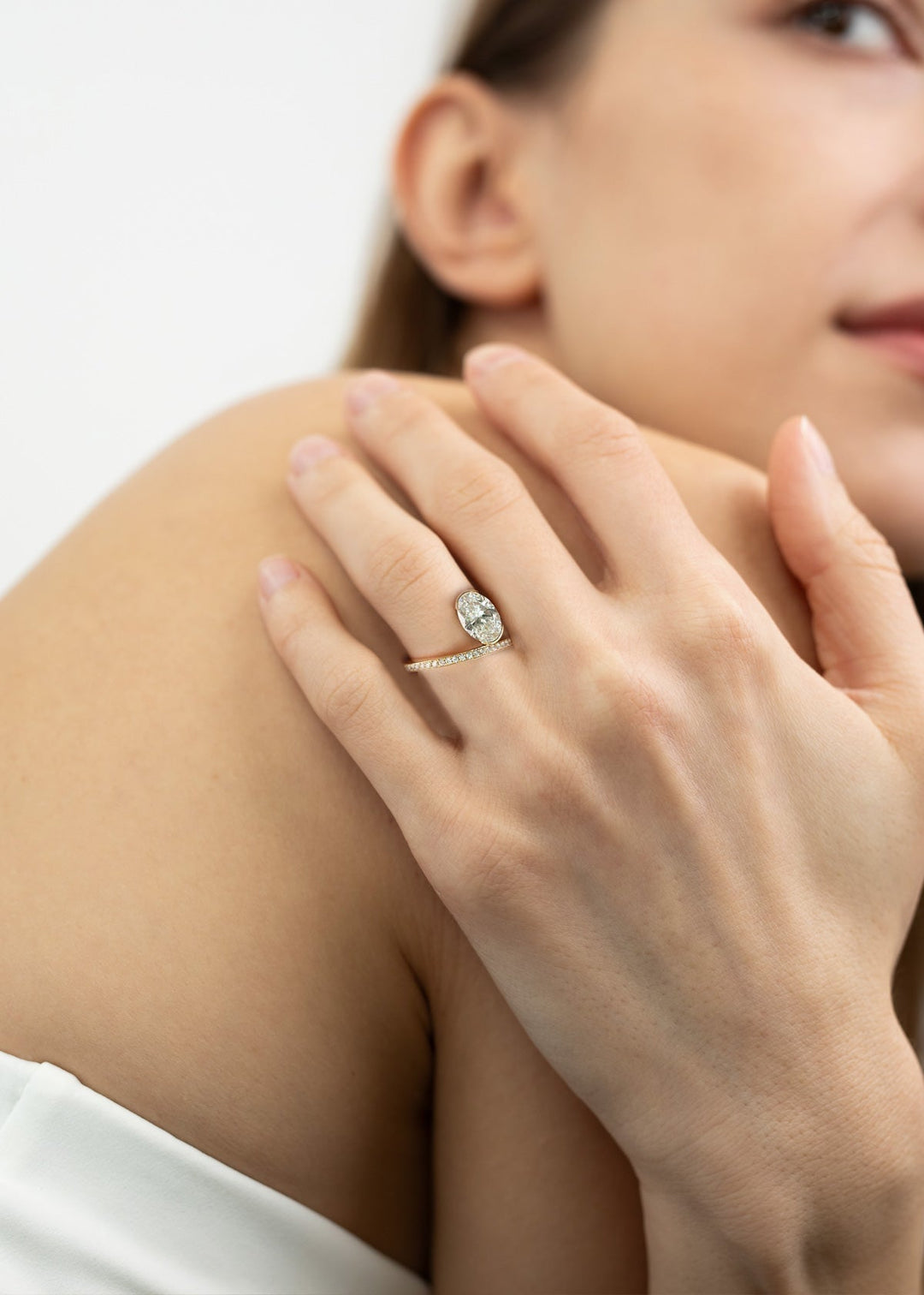 Oval Lab Grown Diamond Bezel Spiral Coil Ring with Micro-Pavé Band