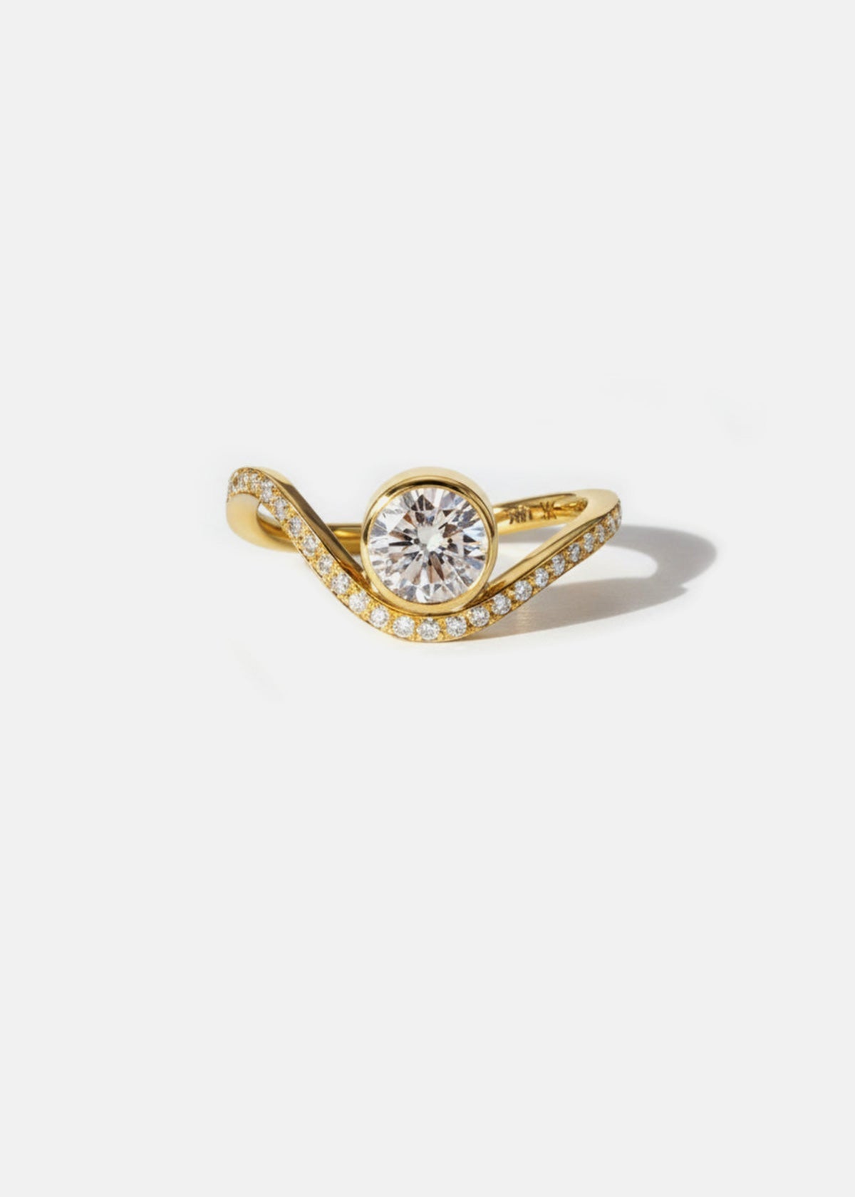 Round Lab Grown Diamond Bezel Engagement Ring with Contour Pavé Wave Band