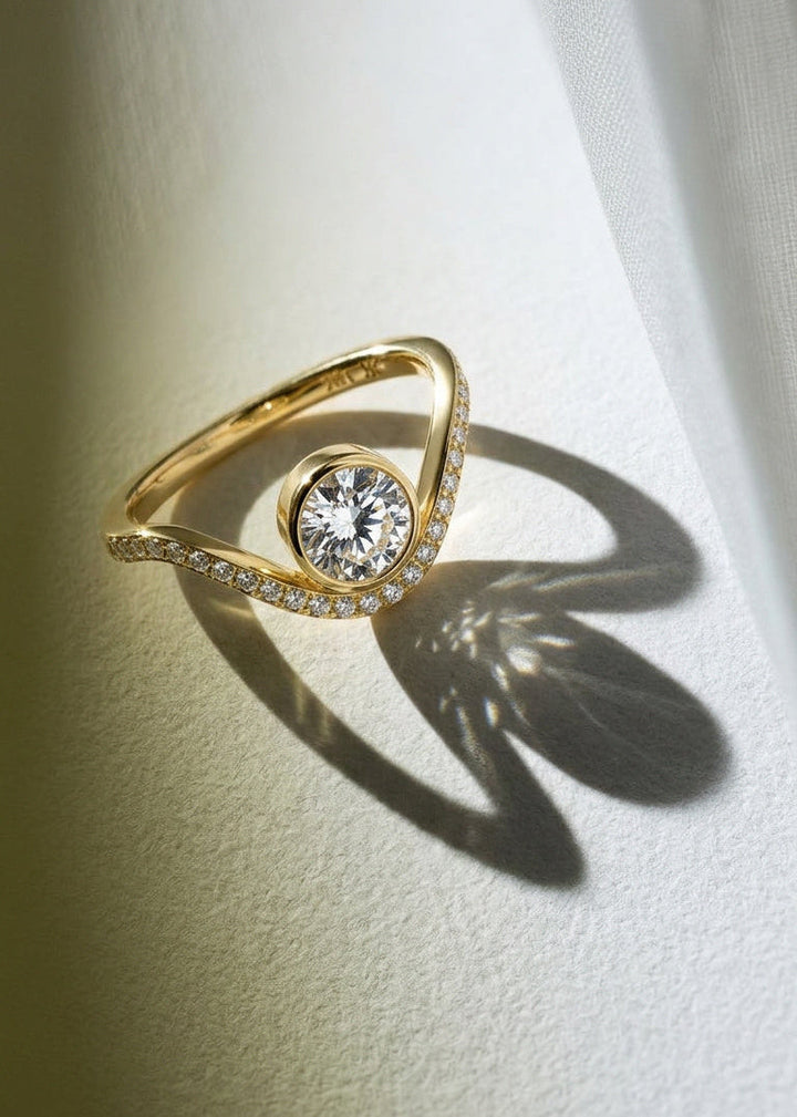 Round Lab Grown Diamond Bezel Engagement Ring with Contour Pavé Wave Band
