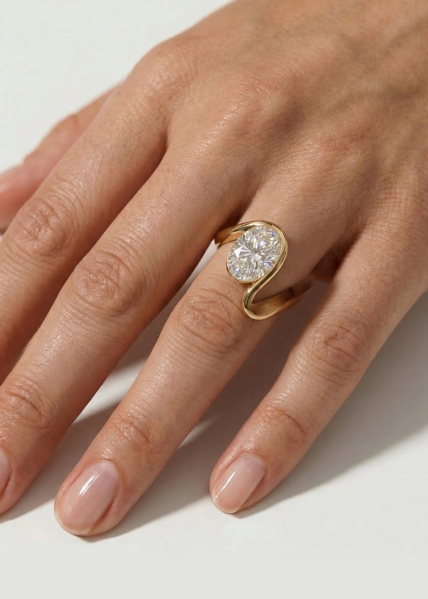 Oval Lab Grown Diamond Open Loop Bezel Engagement Ring – Sculptural Wrap Band