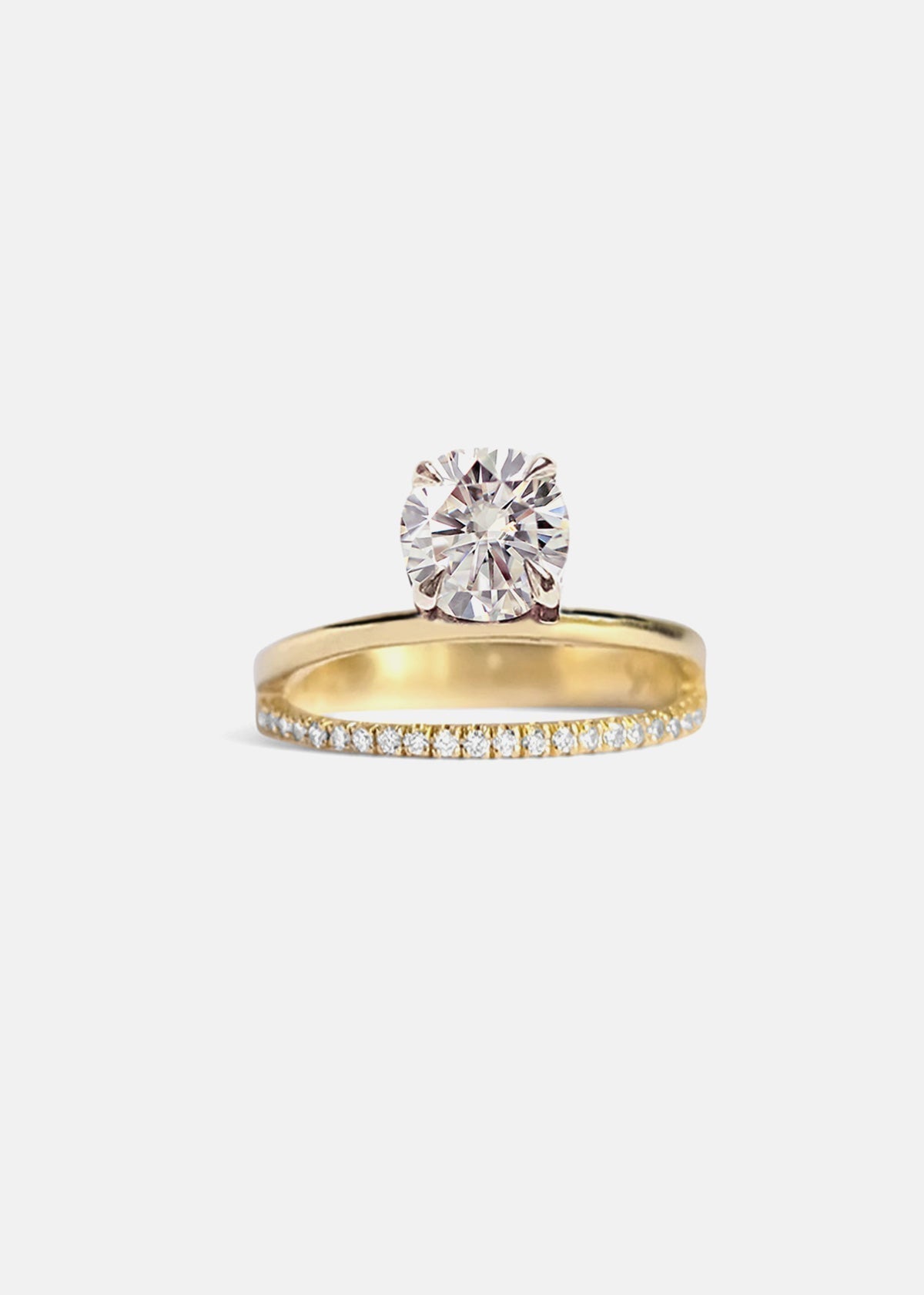 Round Lab Grown Diamond Double Band Solitaire Engagement Ring – Flat Band with Micro-Pavé