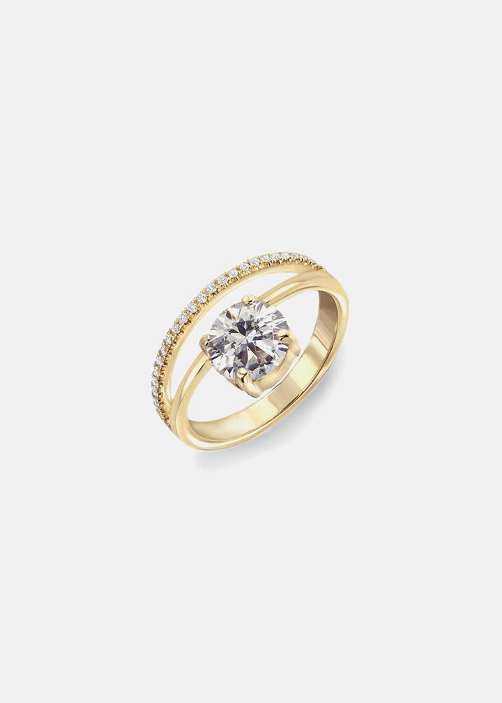 Round Lab Grown Diamond Double Band Solitaire Engagement Ring – Flat Band with Micro-Pavé