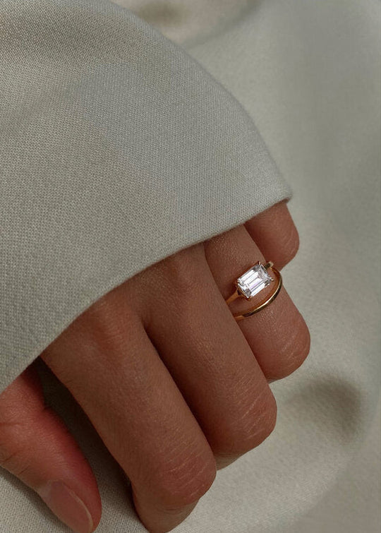 East-West Emerald Cut Lab Grown Diamond Split Shank Solitaire Engagement Ring