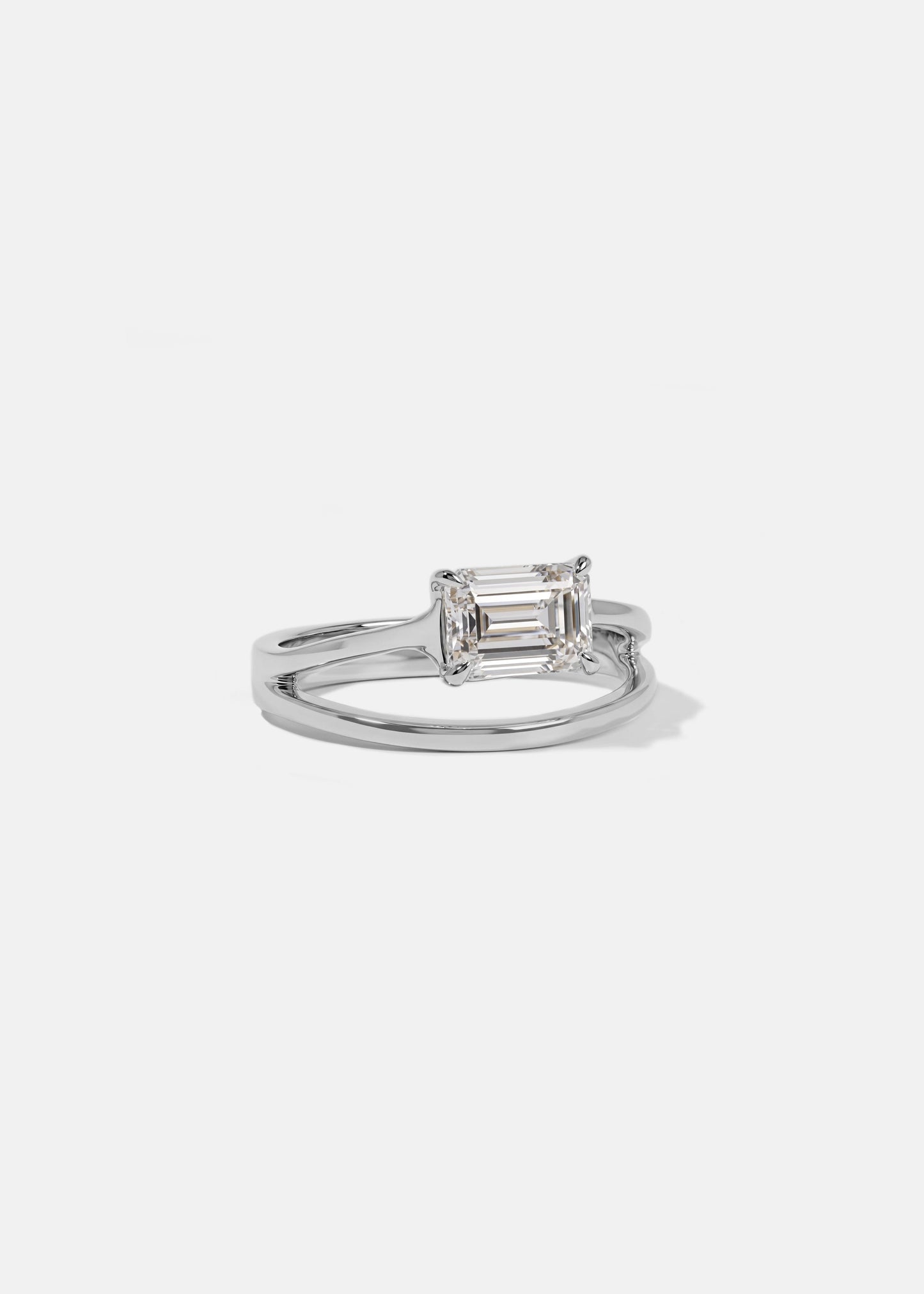 East-West Emerald Cut Lab Grown Diamond Split Shank Solitaire Engagement Ring