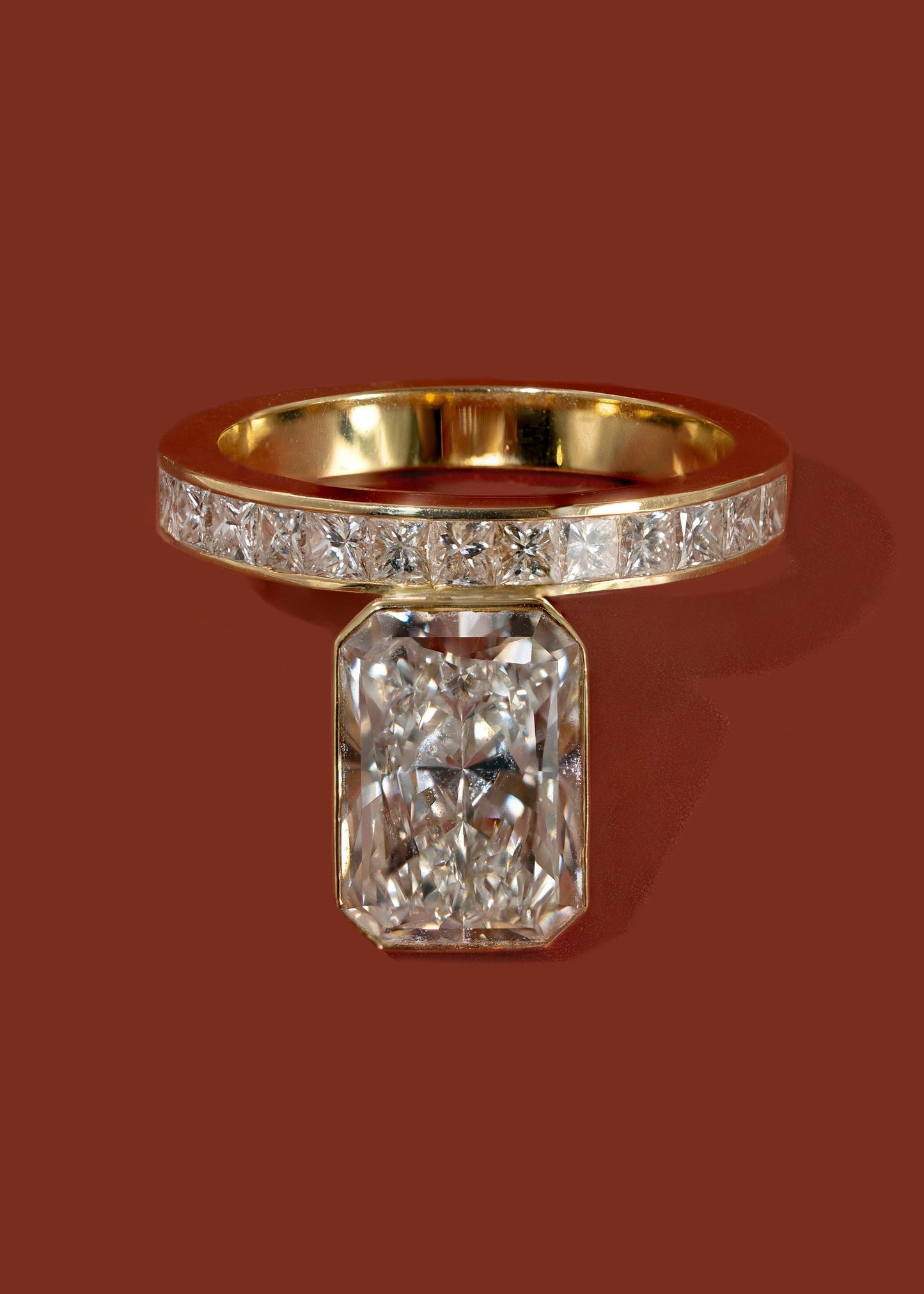 Radiant Cut Lab Grown Diamond Bezel Engagement Ring with Princess Channel Band