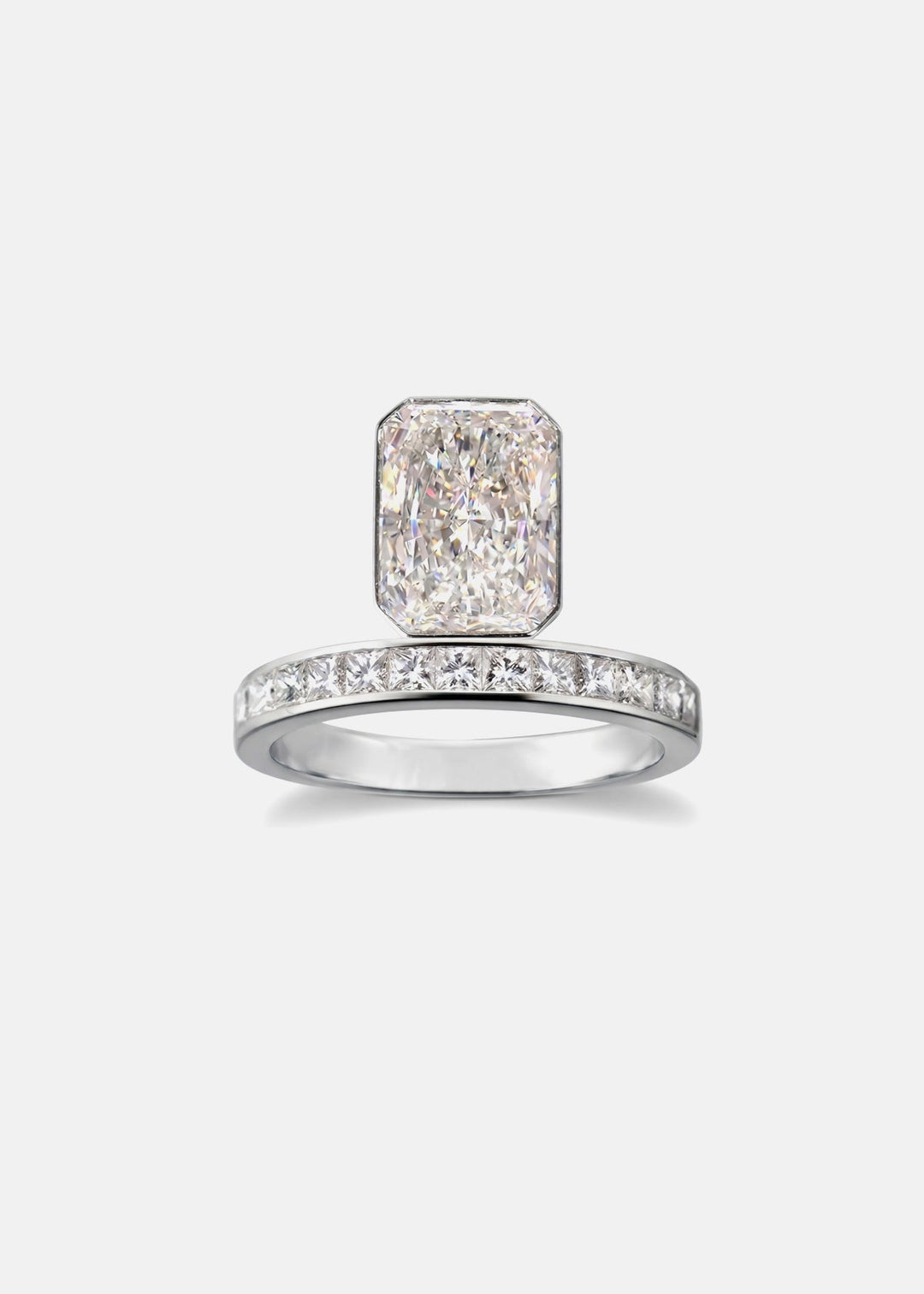 Radiant Cut Lab Grown Diamond Bezel Engagement Ring with Princess Channel Band