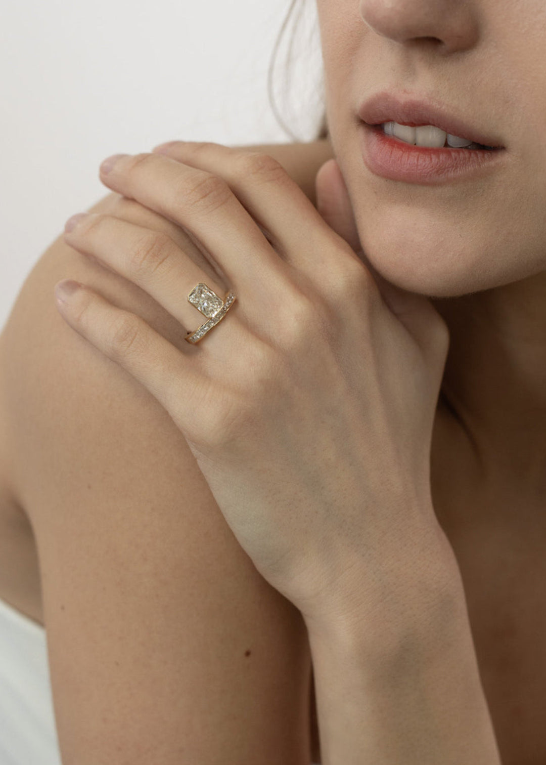 Radiant Cut Lab Grown Diamond Bezel Engagement Ring with Princess Channel Band