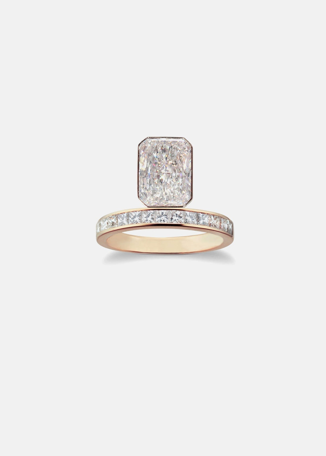 Radiant Cut Lab Grown Diamond Bezel Engagement Ring with Princess Channel Band