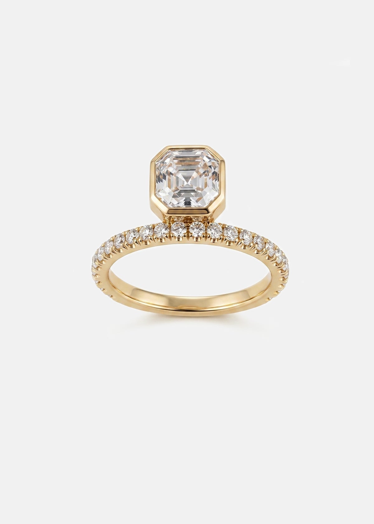Asscher Cut Lab Grown Diamond Bezel Engagement Ring with French Pavé Band