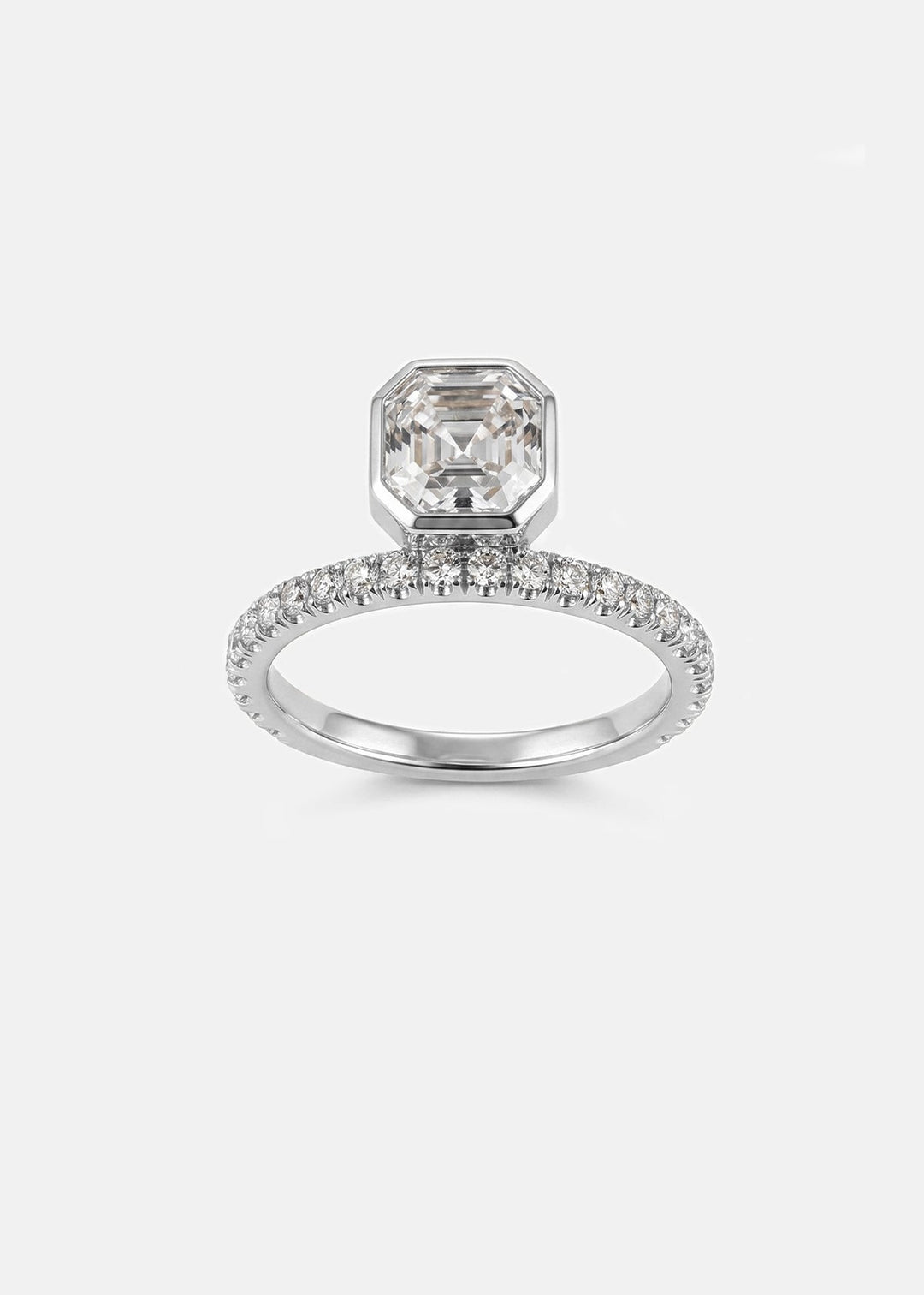 Asscher Cut Lab Grown Diamond Bezel Engagement Ring with French Pavé Band