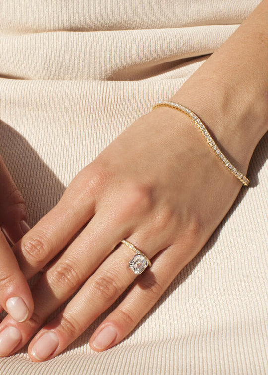 Asscher Cut Lab Grown Diamond Bezel Engagement Ring with French Pavé Band