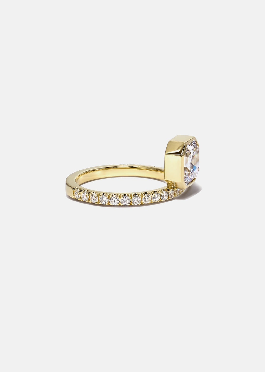 Asscher Cut Lab Grown Diamond Bezel Engagement Ring with French Pavé Band