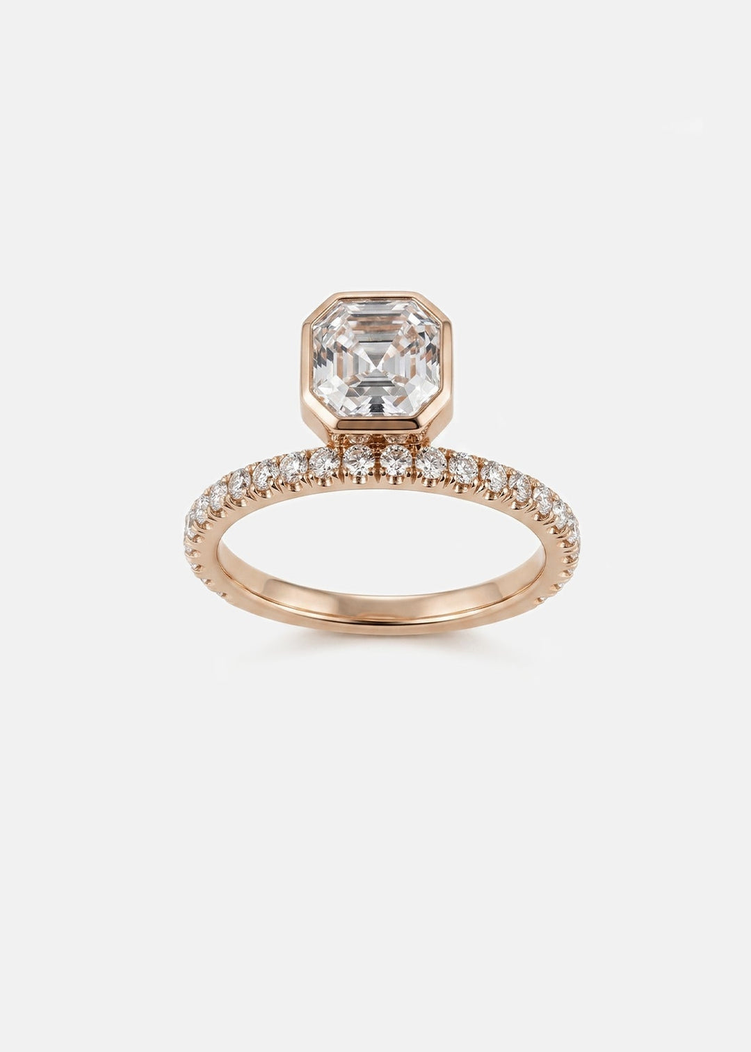 Asscher Cut Lab Grown Diamond Bezel Engagement Ring with French Pavé Band