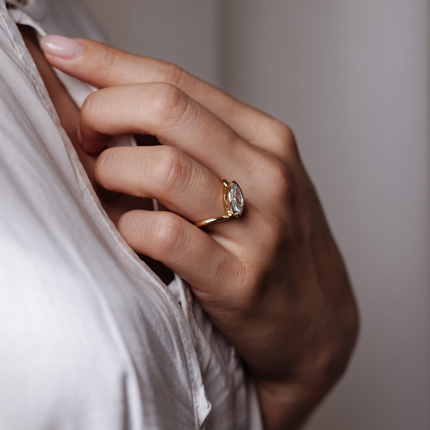 East-West Marquise Lab Diamond Half Bezel Twist Ring