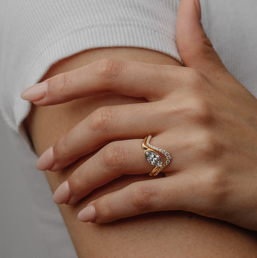 East-West Marquise Lab Diamond Half Bezel Twist Ring