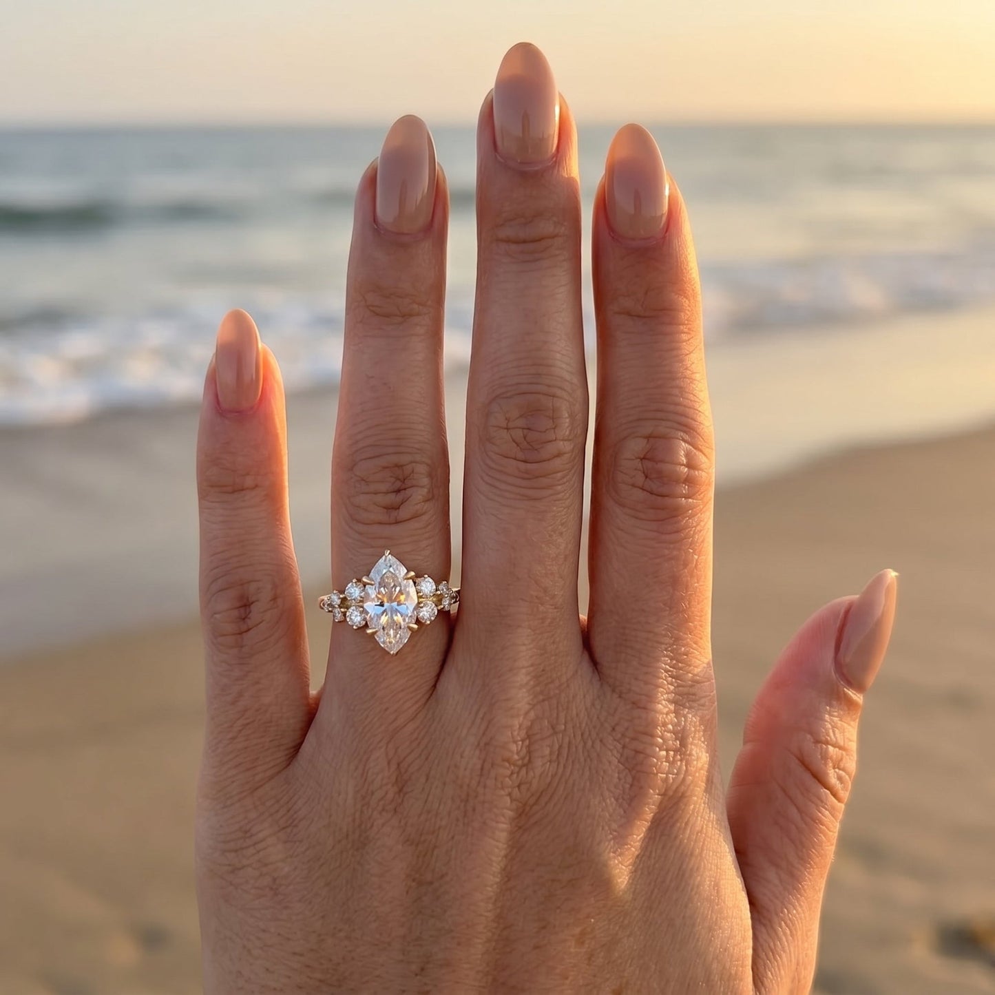 Marquise Lab Diamond Ring with Tiered Round Accents