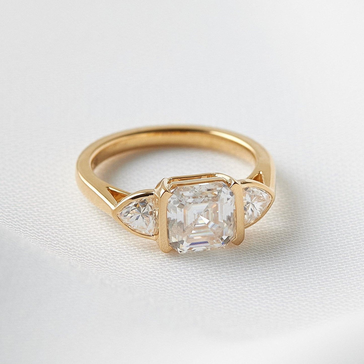 Asscher Lab Diamond Three Stone Ring with Trillion Accents