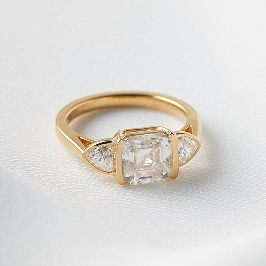 Asscher Lab Diamond Three Stone Ring with Trillion Accents