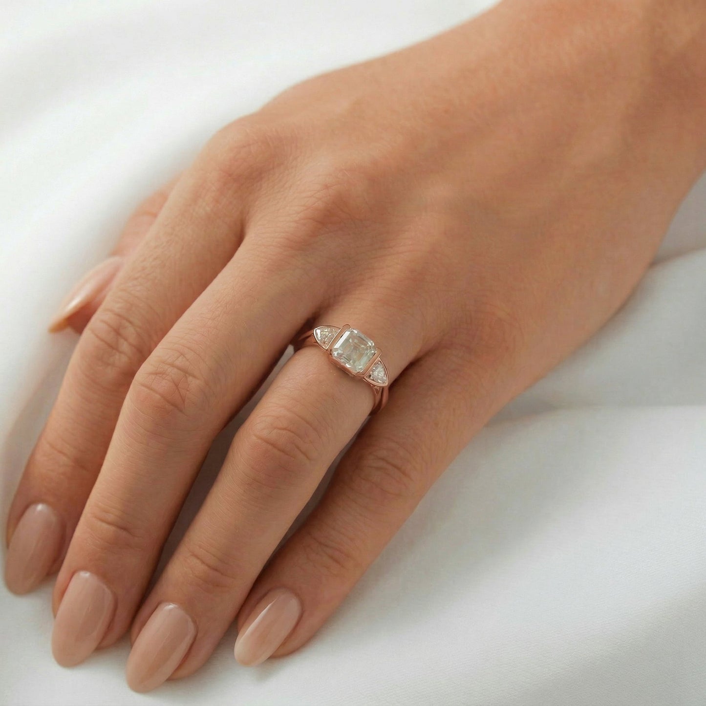Asscher Lab Diamond Three Stone Ring with Trillion Accents