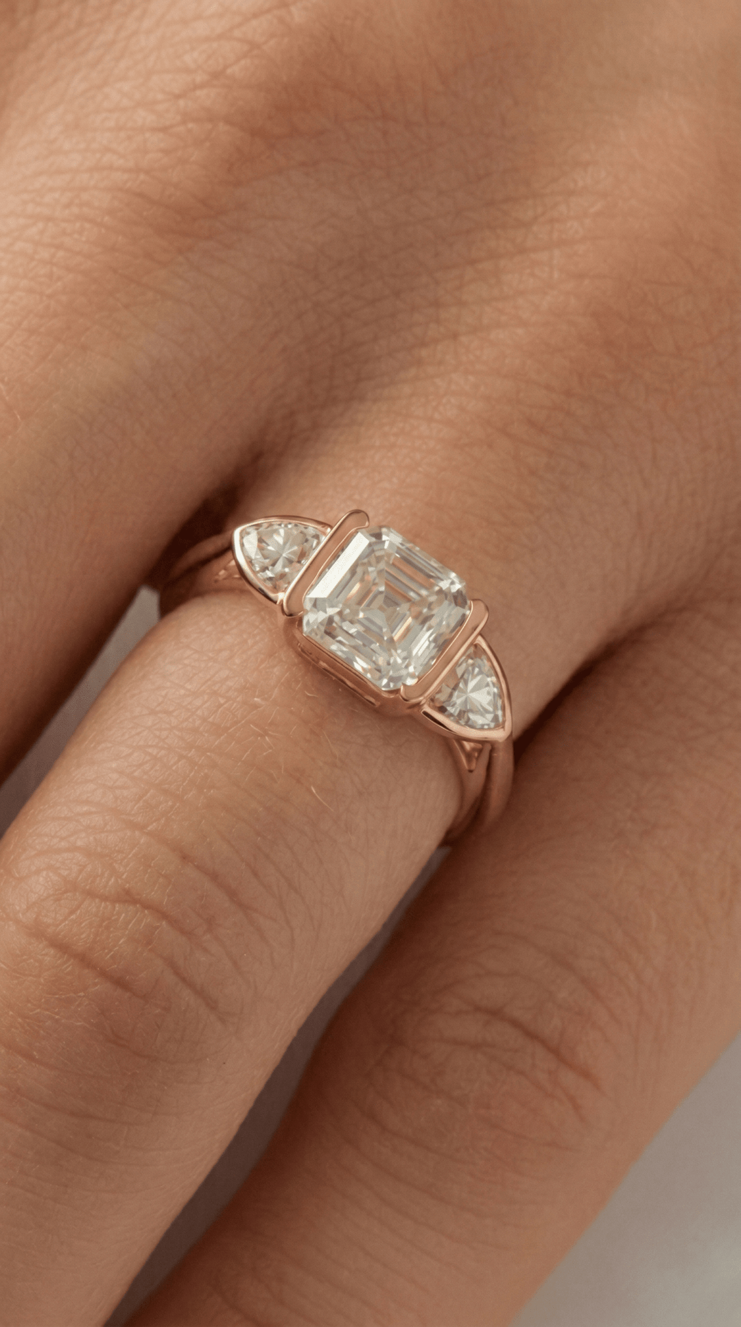Asscher Lab Diamond Three Stone Ring with Trillion Accents