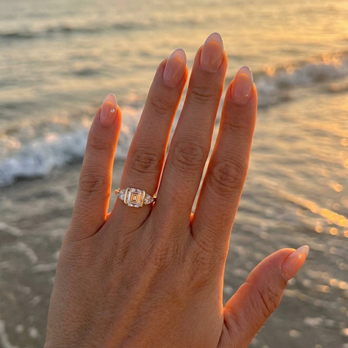 Asscher Lab Diamond Three Stone Ring with Trillion Accents