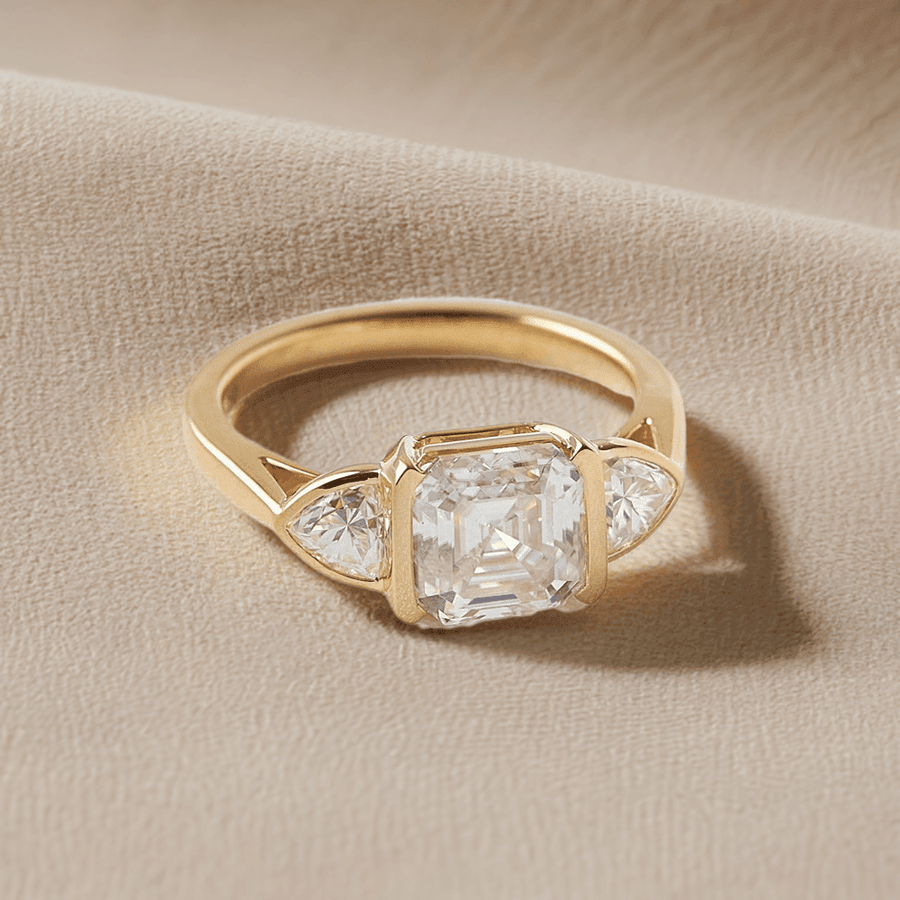 Asscher Lab Diamond Three Stone Ring with Trillion Accents